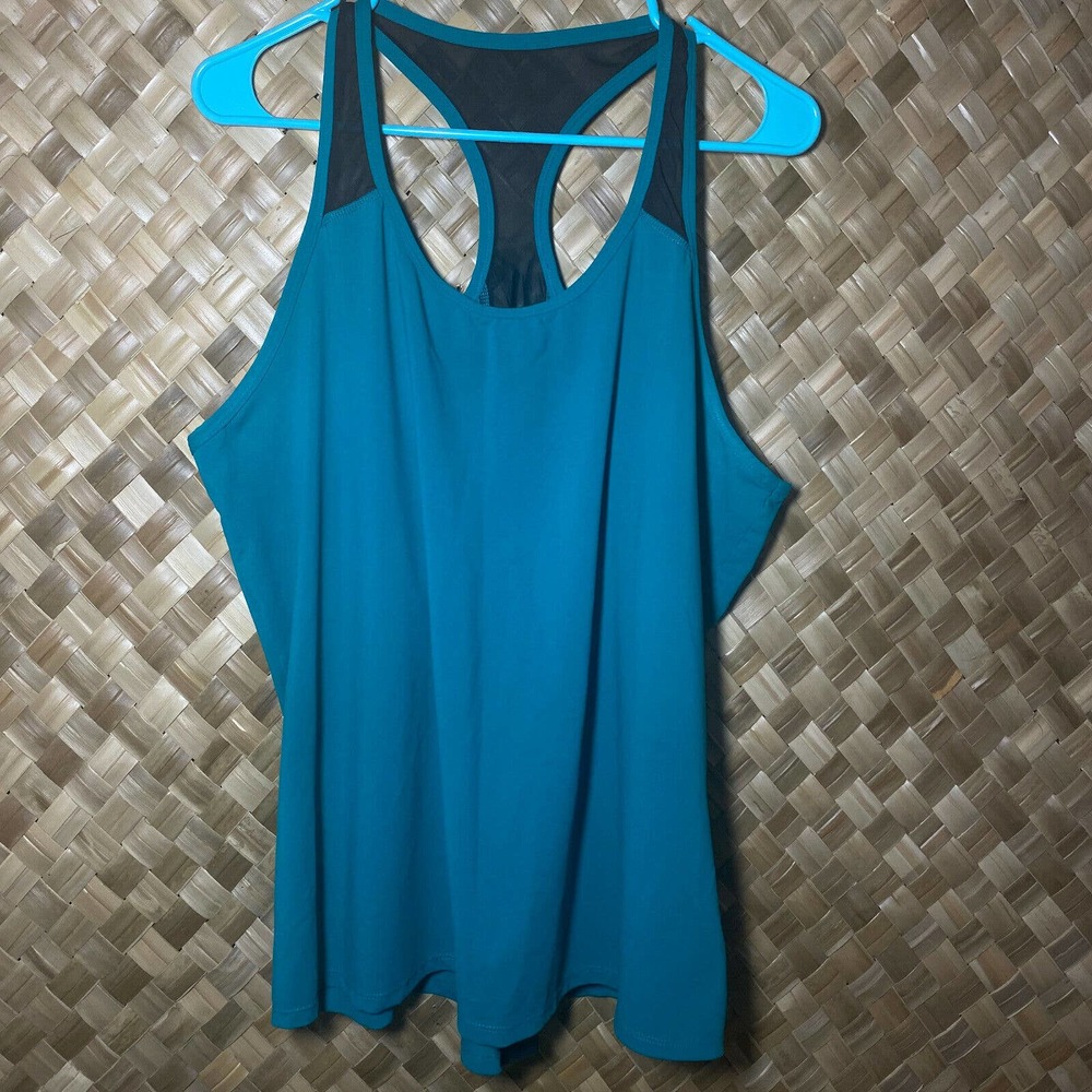 Fabletics 1X Womens Amna Lightweight Semi Sheer Mesh Green Black Tunic Tank